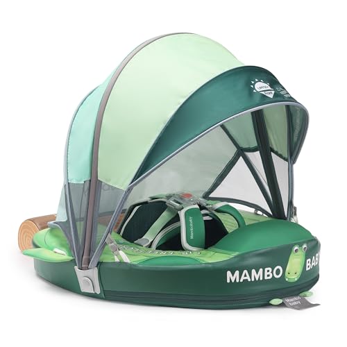 Image of Mambobaby Float Add Tail Baby Swim Float with Canopy Solid Pool Infant Swim Trainer Swimming Training Lying Air Free Water Floats Non-Inflatable Waist Swim Ring for Toddlers (Crocodiles)