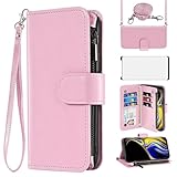 Asuwish Phone Case for Samsung Galaxy Note 9 Wallet Cell Cover with Tempered Glass Screen Protector Crossbody Strap Flip Zipper Card Holder Credit Mobile Slot Stand Note9 Not S9 Women Girls Men Pink