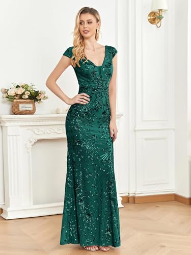 Image of Womens Sequined Long Evening Gown Glamous Sleeveless V-Neck Mermaid Prom Dress for Wedding Party Club Occasions