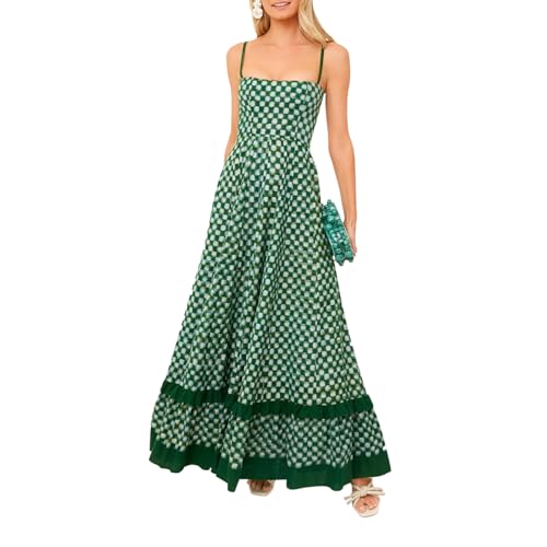 Women Long Beach Dress Sleeveless Spaghetti Strap Checkerboard Print Flowy Dress Midi Slip Dress