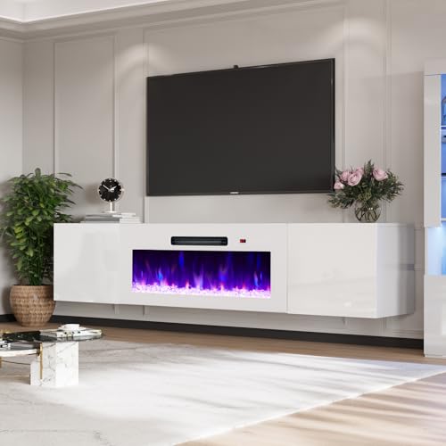 Image of AMERLIFE Floating Fireplace TV Stand, Wall Mounted Mirrored Entertainment Center with 40 inch Electric Fireplace, Modern LED Lights Media Console for TVs Up to 90 inch, All White