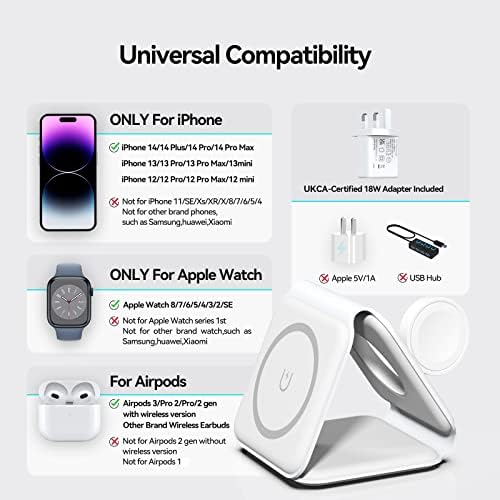 Wireless Charger, 3 in 1 Charging Station for Apple Devices, Magnetic Charging Pad for iPhone 14/13/12, Fast Charging Dock for Apple Watch Series 8-2 and Airpods Pro/3/2(Certified Adapter Include)