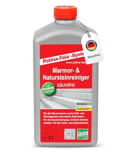 Patina-Fala® Marmor- & Natursteinreiniger 1 L – Säurefrei – Entfernt Zementschleier auf Fliesen – Für Marmor & Kalkstein – Ideal zur Bauendreinigung, Balkon & Terrasse – Made in Germany