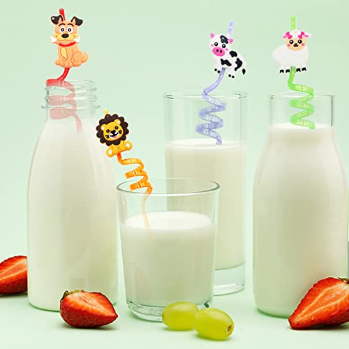 8pc Animal Image Party Spiral Knotted Curly Reusable Straws with 2 Straw Cleaning Brushes for Milk Juice, Cocktails, Bars - Image 3