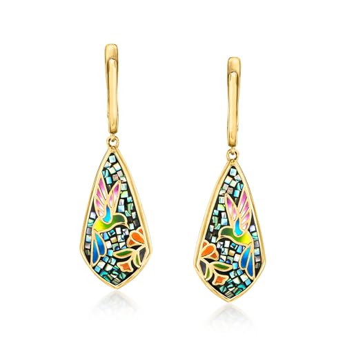Ross-Simons Multicolored Enamel and Abalone Shell Hummingbird Mosaic Drop Earrings in 18kt Gold Over Sterling