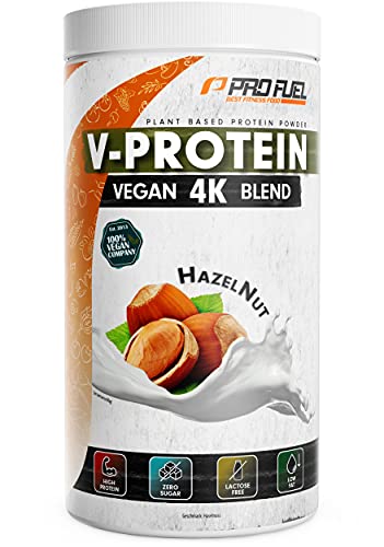 Vegan Proteinpulver HASELNUSS – V-PROTEIN 4K Blend | Unglaublich lecker & cremig | 750g | Aus Sonnenblumen, Soja, Hanfsamen & Kürbiskernen | Pflanzliches Eiweißpulver mit 80% Eiweiß