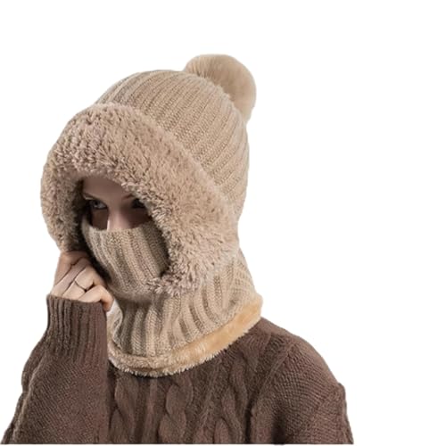 3 in 1 Beanie Hat for Women, Upgrade 3 in 1 Beanie Hat with Scarf and Mask, Fall Winter Warm and Windproof Knitted Ski Scarf and Mask Set, Thick Plush-Lined (Khaki)