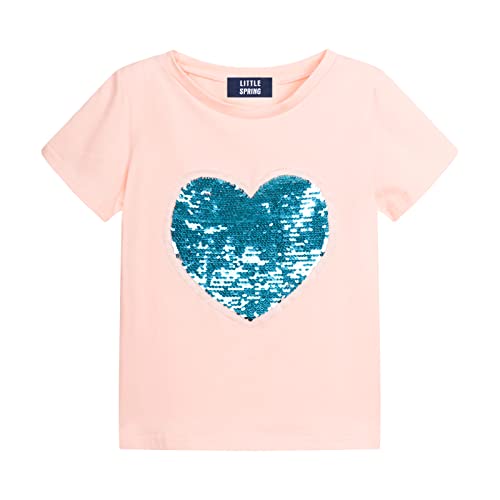 Image of LittleSpring Girls Short Sleeve Tshirt Heart Shaped Sequin Tees