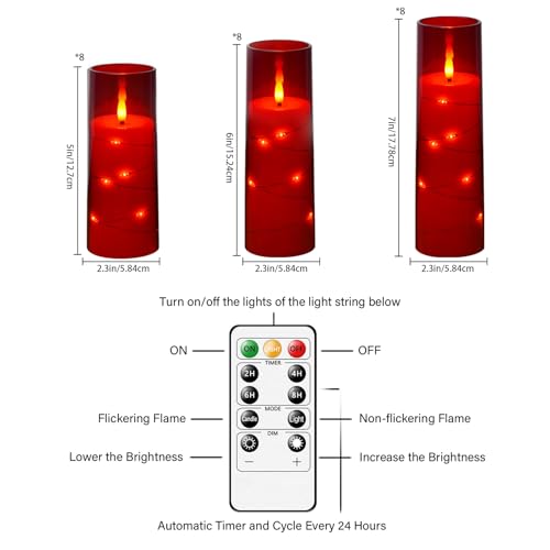 Image of kakoya Flameless LED Candles with Timer 24 Pc Flickering Flameless Candles for Romantic Ambiance and Home Decoration Stable Acrylic Shell,with Embedded Star String,Battery Operated Candles(Red)