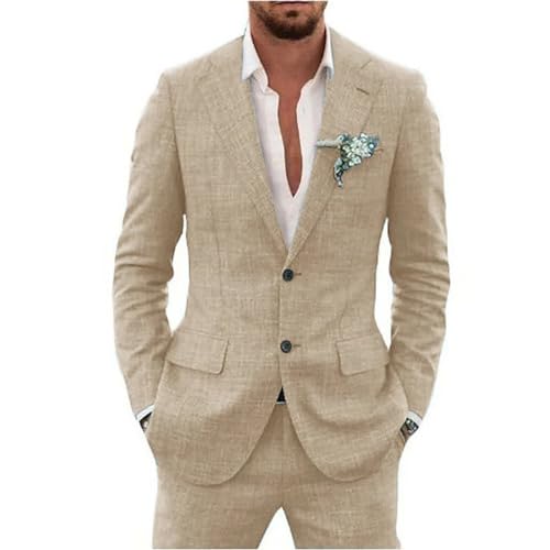 Retro Linen Men Suit 2 Piece Suit Slim Fit Two Button Suit Jacket Wedding Groomsmen Summer Beach Blazer Pants Tuxedo