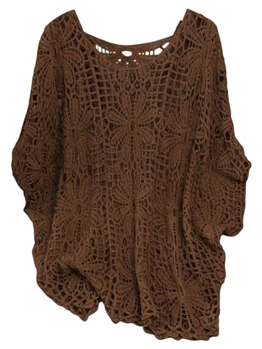 MakeMeChic Womens Plus Size Crochet Boho Tops Summer Vacation Beach Cover Ups Sweater Brown XX-Large Plus