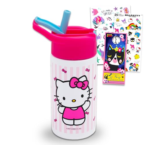Hello Kitty Stainless Steel Water Bottle Set - Bundle of 14oz Reusable Canteen for Home, School & Sports, Sticker, Tattoos, More | HK Bottle & Straw