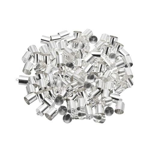 MECCANIXITY 100Pcs Cord End Caps 14mm End Cap Barrel Beads Kumihimo 10mm Dia End Caps Brass for Leather Cord, Tassels, Jewelry Making, Silver