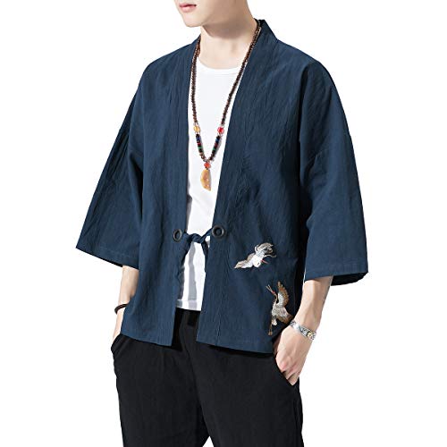 Image of PRIJOUHE Men's Kimono Jackets Cardigan Lightweight Casual Cotton Blends Linen Seven Sleeves Open Front Coat Outwear