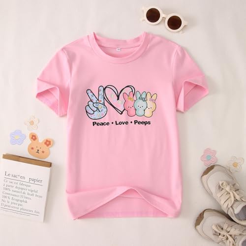 SOFEON Kids Girls Easter Shirt Bunny Peace Love Peeps T-Shirt Cute Funny Rabbit Graphic Tees Short Sleeve Casual Tops4