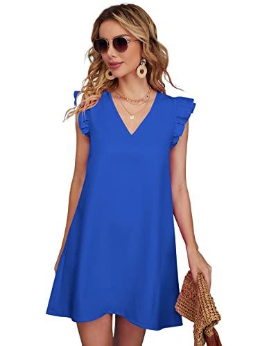 Image of Floerns Women's Solid V Neck Ruffle Trim Cap Sleeve Summer Tunic Dress