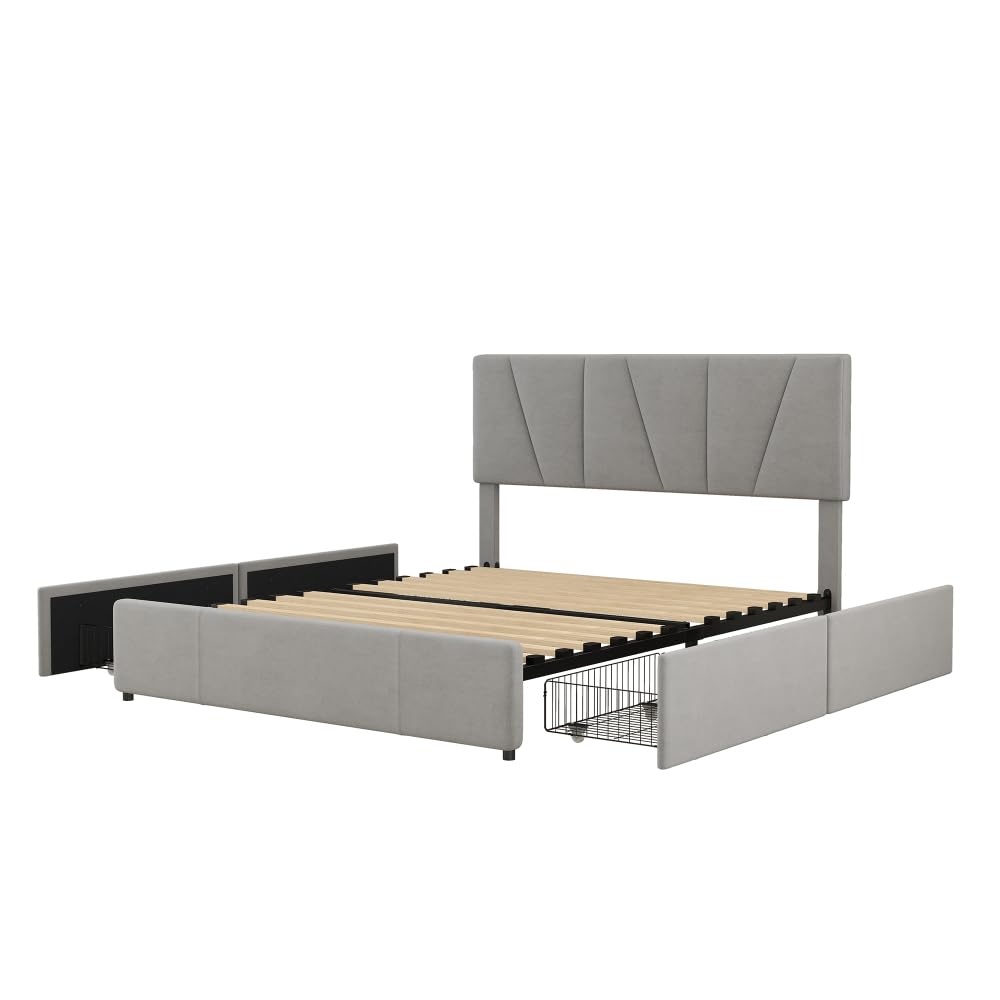 Cama de Matrimonio tapizada, Plataforma con 4 cajones en 2 Lados, cabecero Ajustable, no Necesita somier (160 * 200cm-gris)