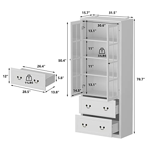 AIEGLE-Large-Bookcase-with-Glass-Doors-315-Wide-Tall-4-Tier-Bookshelf-with-2-Drawers-Freestanding-China-Cabinet-Display-Storage-Cabinet-for-Living-Room-Office-Storage-White AIEGLE Large Bookcase with Glass Doors 315 Wide Tall 4 Tier Bookshelf with 2 Drawers Freestanding China Cabinet Display Storage Cabinet for Living Room Office Storage White