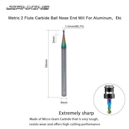 Image of 1.5mm R0.75 DLC Coated 2-Flute Carbide Ball Nose End Mill, Ideal for Aluminum, Copper Alloys, and Plastic Machining - High Precision & Wear-Resistant Cutting Tool (3 Pack)