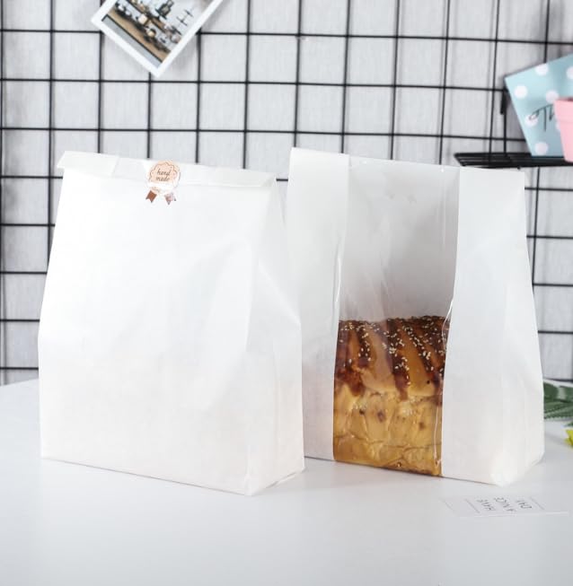 50-Pack Large Kraft Bread Bags with Clear Front Window, White Bakery Coffee Cookie Snack Bags with 50 Label Seal Stickers