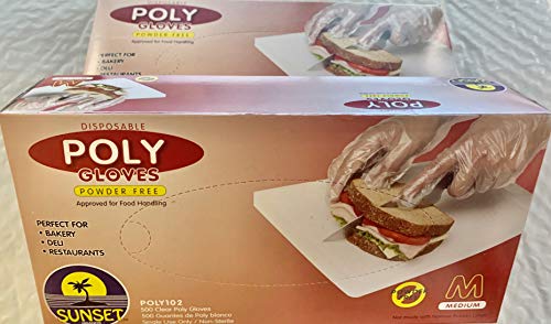 1000 Medium Size Disposable Poly Gloves, Powder Free, Smooth Touch, Food Service Grade, Polyethylene, Non-Sterile [2x500 Pack]