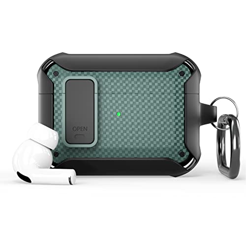 Funda para Airpods con Boton de Bloqueo Automatico, a Prueba de Caidas, Funda Protectora Completa de Piel de TPU, Resistente a los Aranazos, con Llavero, Compatible con Apple Airpods Pro Verde/ Negro Cover