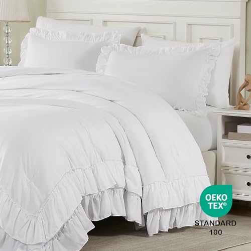 Image of Cupocupa White Full Comforter Set, 3Pcs Comforters Ruffle Farmhouse Bedding Sets Full with Comforter, Lightweight Soft Shabby Chic Bedding Comforter Set Fluffy for All Season (White, F)