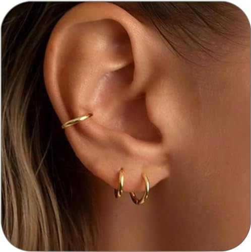 3 Pairs 6/8/10mm Huggie Cartilage Hoops Earrings for Women Men 18K Gold Plated Tiny Cartilage Hoop Earrings,Helix Hoops,Tragus Hoop Earrings,316L Surgical Stainless Steel Hoop Earrings Hypoallergenic for Body Piercing3