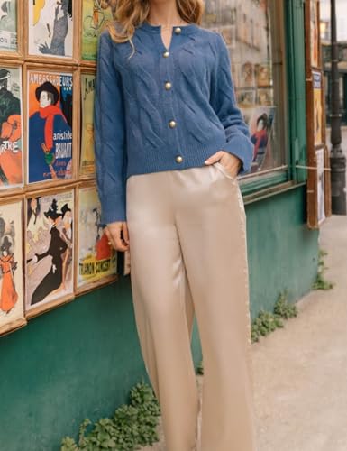 Omoone Short Cardigan Sweaters for Women Loose Crewneck Cable Knit Tops Casual Chunky Button Up Fall Outfits(4244-BlueGrey-S)4