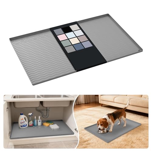Image of URMONA Waterproof Silicone Under Sink Mat 31'' x 22'' Shelf Liner for Kitchen and Bathroom, Cabinet and Counter Protector, Storage and Organizers, Litter Mat, Pet Cat Puppy Essentials(Beige)