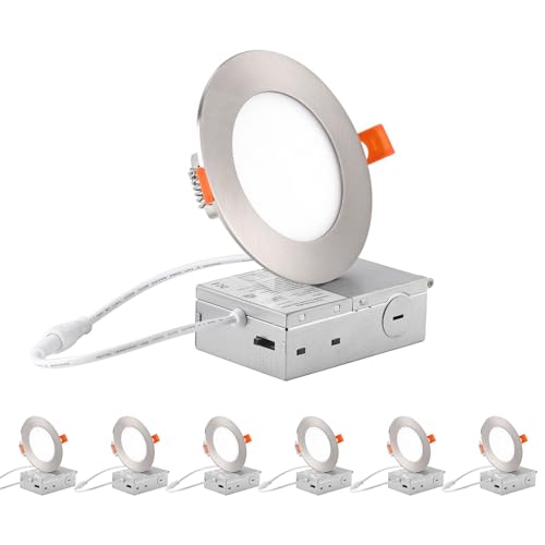 Image of ZYC recessed Lighting 4 inch - 6Pack 9W 800LM High Brightness,5CCT 2700K-5000K Selectable,Ultra-Thin LED Recessed Ceiling Light,Dimmable Canless Wafer Downlight,Pack of 6 Brushed Nickel.