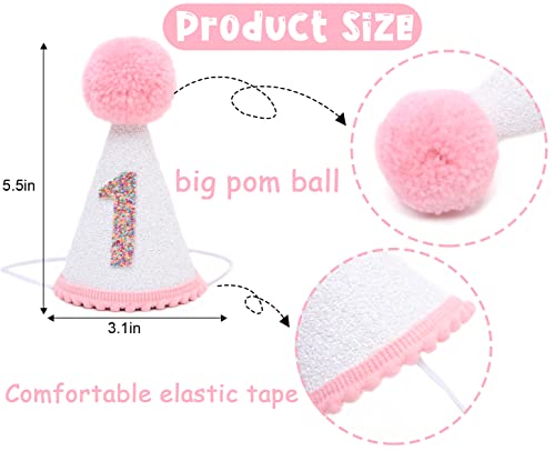 First Birthday Hat For Baby Girls - White Glitter Birthday Hat With Pink Pom Topper, 1St Birthday Girl Decoration, Pink Birthday Decorations, 1St Birthday Outfit Girl, Cake Smash Photo Prop #TOP1