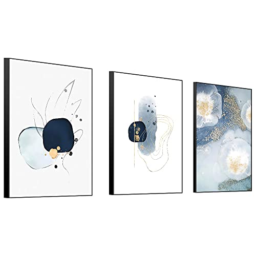 3 Framed Abstract Canvas Wall Art, Artwork In Blue, White And Grey, Simple And Elegant For Living Room Bedroom Office Decor 16" X 24" X 3 Pieces #TOP1