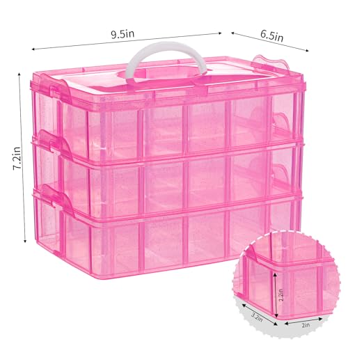 image for SGHUO 3-Tier Pink Craft Storage Container, Stackable Organizer Box wit