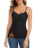 WOWENY Thermal Fleece Tank Top for Women Ruched V Neck Sleeveless Warm Camisole Base Layer Vest Underwear Tops(Black, X-Large)