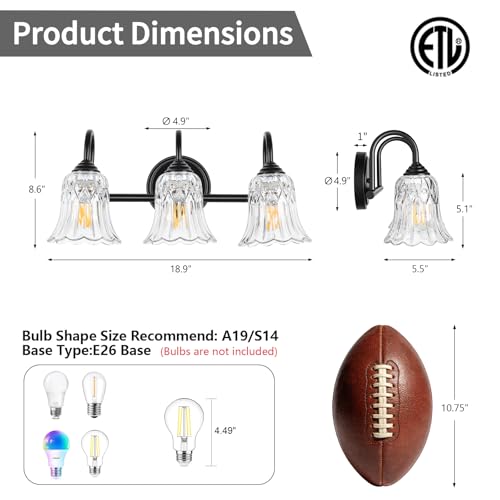 Image of Vintage Bathroom Vanity Light Fixtures, 3-Light Black Vanity Lighting Fixture with Flower Glass Shade, 18.9 Inch Bathroom Lighting Fixtures Over Mirror, Living Room, Dressing Table