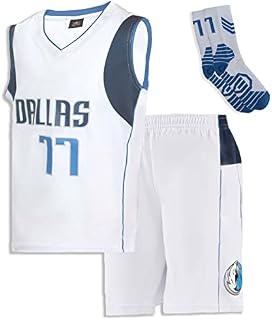 Mavericks Basketball Jersey Kit Kids 77# Fans Jersey Boys Sleeveless Basketball Vest Tops and Shorts Sports Set with 77# Socks, Gifts for Boys Girls 4-14 Years,White,XL