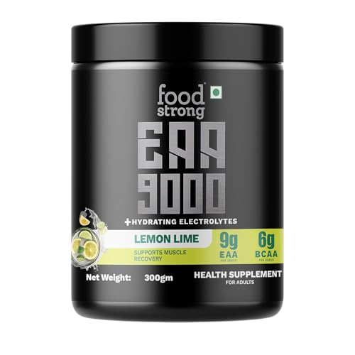 Image of Foodstrong EAA 9000 with Hydrating Electrolytes, Lemon Lime Flavour, 9g Essential Amino Acids (EAA) & 6g BCAA Per Serving - Supports Muscle Recovery & Rehydration - 300g, 25 Servings