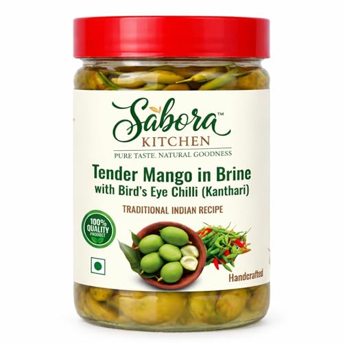 Sabora Kitchen Tender Mango in Brine with Bird’s Eye Chilli (Kanthari) 400g | Uppu Manga/Avakaya Tender Manga/Uppinakayi/Maavadu/Salted aam | Oil-Free, Masala-Free |