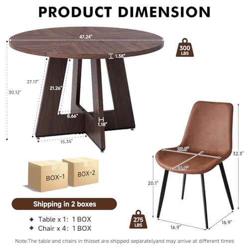 Image of 47 inch Round Dining Table Set for 4, Kitchen Table and Chairs | Wooden Cross Base, Synthetic Leather Chair, for Apartment