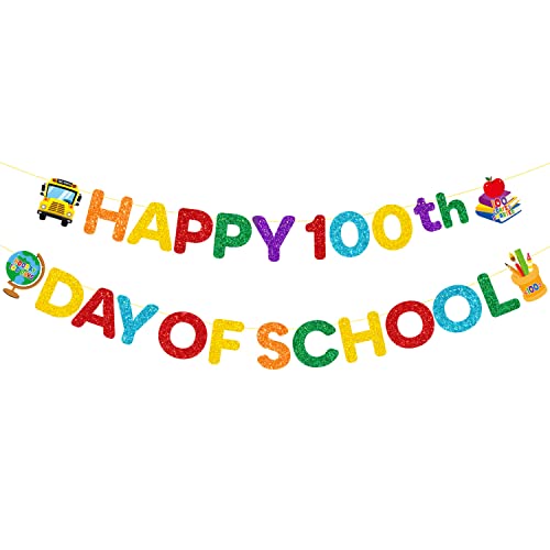 JKQ Colorful Glittery Happy 100th Day of School Banner 100 Days of School Garland Banner Hooray 100th Day Celebration Kindergarten Preschool 100th Day of School Classroom Party Decorations