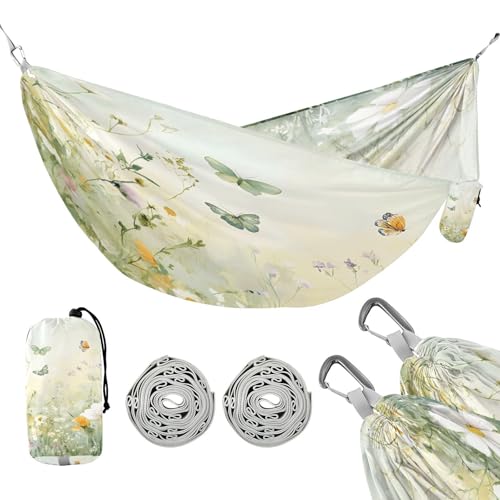 ATTX Green Wildflowers and Butterflies Camping Hammock - Lightweight & Portable Hammocks, Heavy Duty 330lbs Capacity for Indoor, Hiking, Backpacking, Travel, Backyard, Beach#75