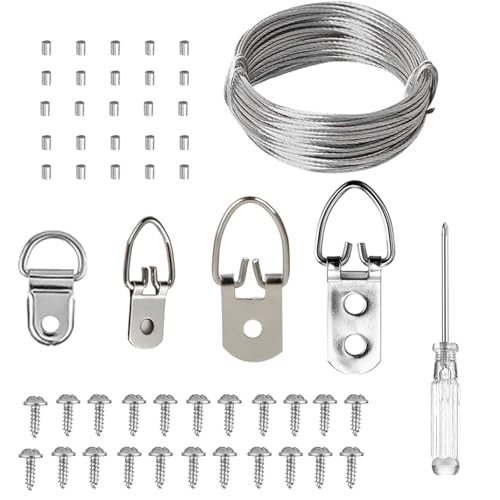 Image of D Ring Picture Hangers Kit, YHYZ D-Ring Picture Hanging Hooks (4 Sizes) with Screws, Hanging Wire Included, for Wooden Frame Mirror Clock Canvas Wall Decor