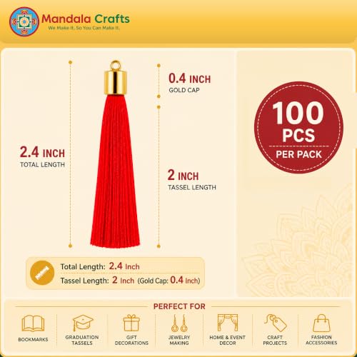 Image of Mandala Crafts Small Gold Tone Cap Red Silky Bookmark Tassels with Loops | 100 PC, Machine Washable, Polyester, Mini, for Crafts Jewelry Making Graduation Decorations Keychains Gift Tags & Ornaments