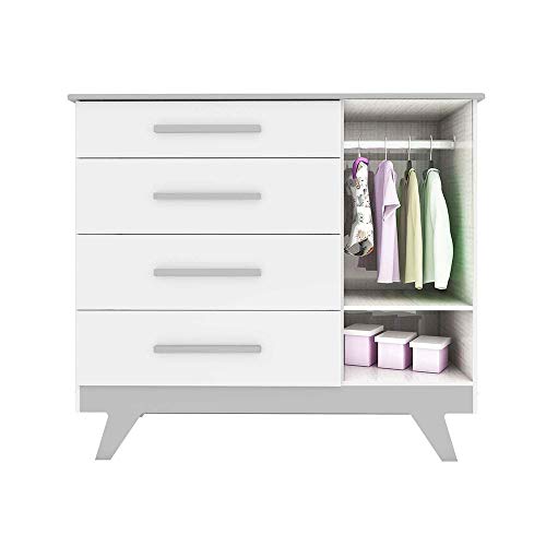 Quarto Infantil Retrô com Cômoda e Berço com Capitonê Móveis Peroba Branco/Cinza