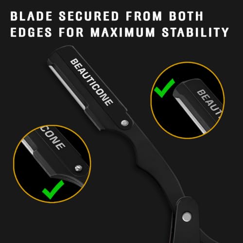 Image of BEAUTICONE Straight Razors for Men - Professional Barber Straight Edge Razor Kit with Replaceable Single Edge Blades - Navajas Para Barbero - Pouch Gift Box (All Black Swinglock New)