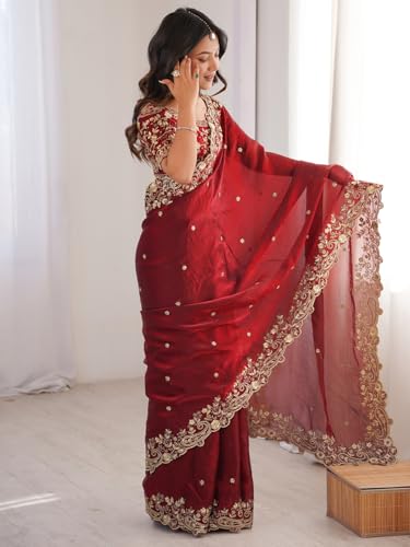 Image of AKHILAM Women's Shimmer Satin Sequence Embroidery Saree With Unstitched Blouse Piece(AARYAN21401 KR Parent)