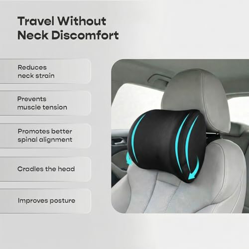 Image of SleepyCat Car Neck Rest Pillow | Adaptive Memory Foam Cushion | Neck Support for Cervical Pain Relief | Ergonomic Design | Fits Any Car Seat | Adjustable Straps | Machine Washable Cover | Black
