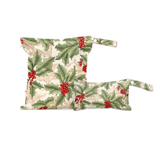 2pcs Cloth Diaper Wet Dry Bag with Two Zipper Pocket Waterproof Storage Bag Travel Laundry Bags, Beach, Pool, Breast Pump Parts, Gym Bag for Swimsuits & Wet Clothes for Baby (Christmas Berries)