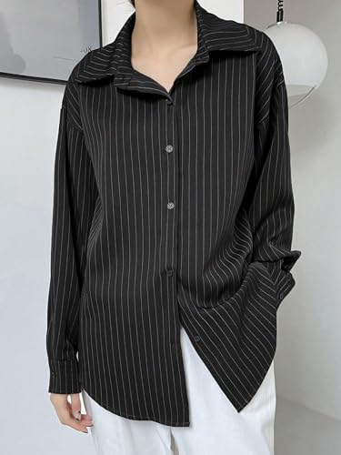 Image of Aahwan Solid Button Up Drop Shoulder Vertical Stripe Pattern Casual Long Sleeve Shirt for Women's & Girl's